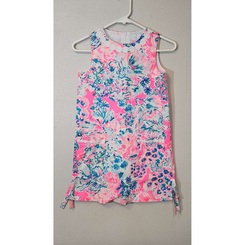 Lilly Pulitzer Shift Dress Girls 10 Pink Blue Excellent Shell Lace Pique 25129